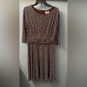 R&K Dress Brown w white polkadots sz 16 petite Empire waist 3/4 length sleeve